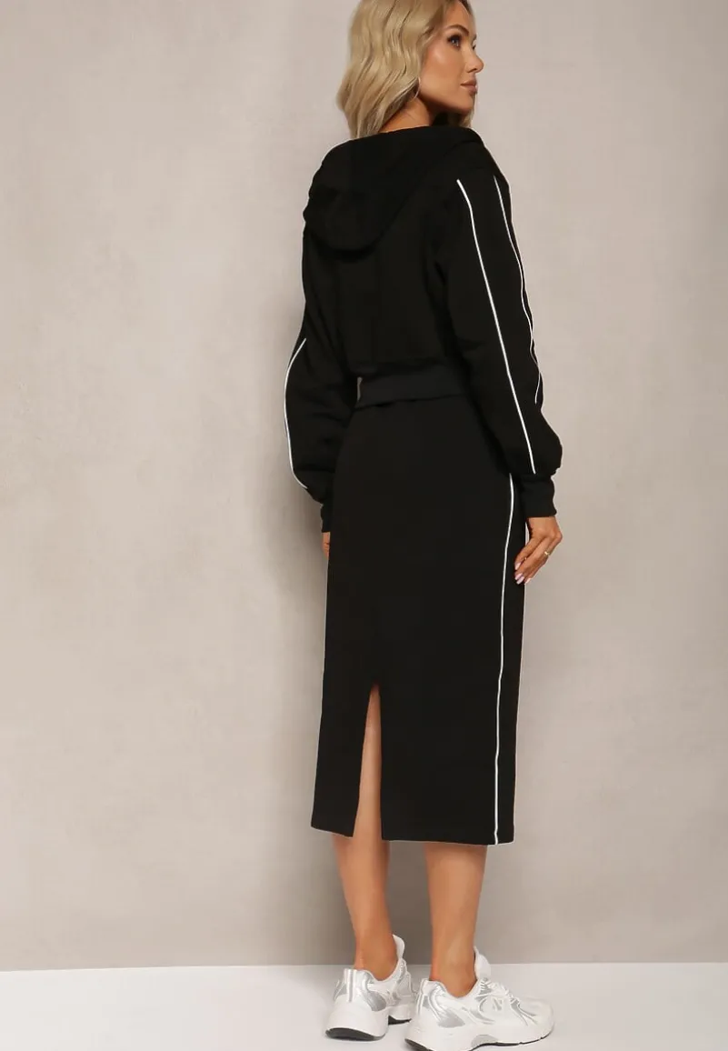 Czarny Komplet Dresowy Krótka Bluza z Kapturem i Spódnica Ołówkowa Agordia