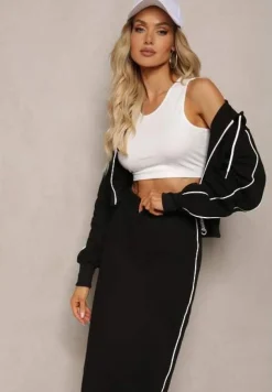 Czarny Komplet Dresowy Krótka Bluza z Kapturem i Spódnica Ołówkowa Agordia