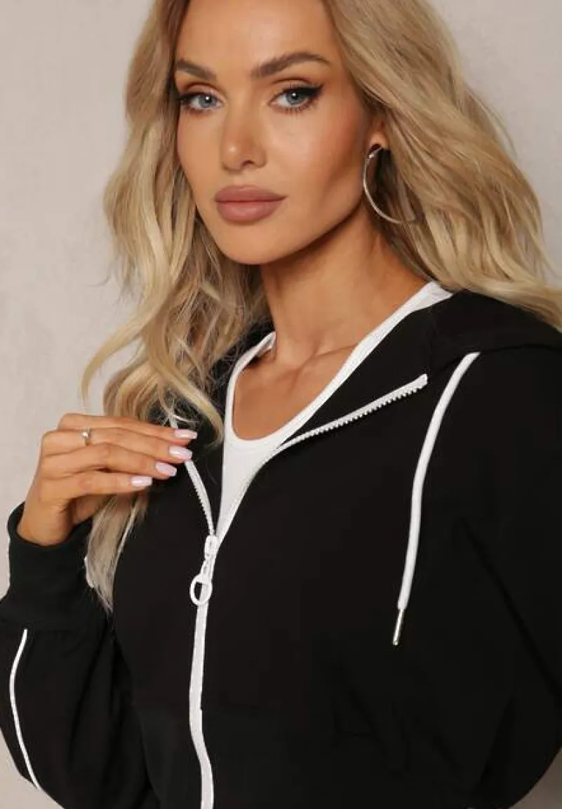 Czarny Komplet Dresowy Krótka Bluza z Kapturem i Spódnica Ołówkowa Agordia