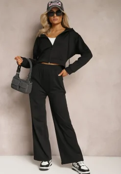 Czarny Komplet Dresowy o Luźnym Kroju Bluza na Suwak z Kapturem i Spodnie Szerokie Ezorila
