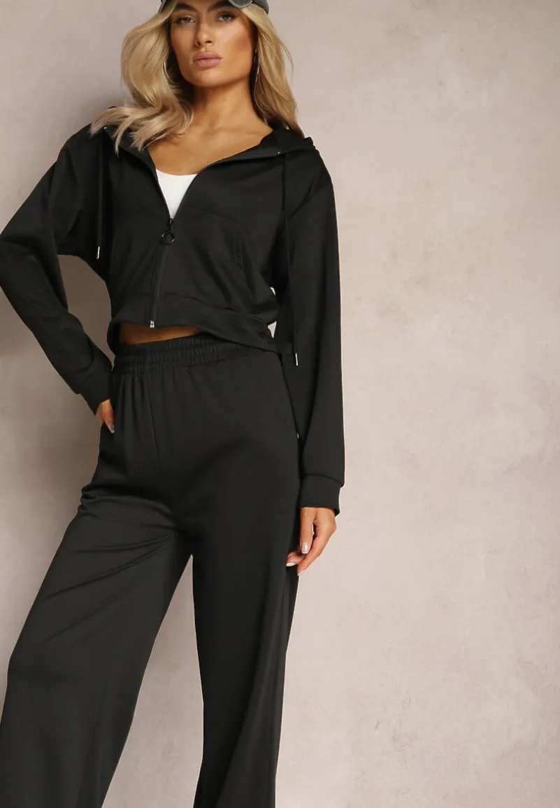 Czarny Komplet Dresowy o Luźnym Kroju Bluza na Suwak z Kapturem i Spodnie Szerokie Ezorila