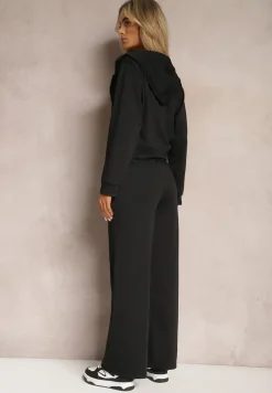 Czarny Komplet Dresowy o Luźnym Kroju Bluza na Suwak z Kapturem i Spodnie Szerokie Ezorila