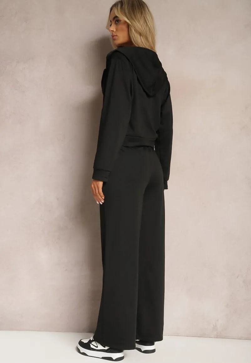 Czarny Komplet Dresowy o Luźnym Kroju Bluza na Suwak z Kapturem i Spodnie Szerokie Ezorila