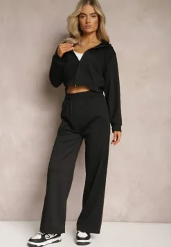 Czarny Komplet Dresowy o Luźnym Kroju Bluza na Suwak z Kapturem i Spodnie Szerokie Ezorila
