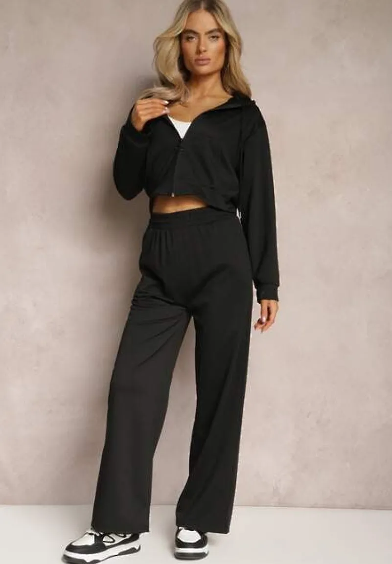 Czarny Komplet Dresowy o Luźnym Kroju Bluza na Suwak z Kapturem i Spodnie Szerokie Ezorila