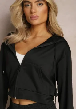 Czarny Komplet Dresowy o Luźnym Kroju Bluza na Suwak z Kapturem i Spodnie Szerokie Ezorila