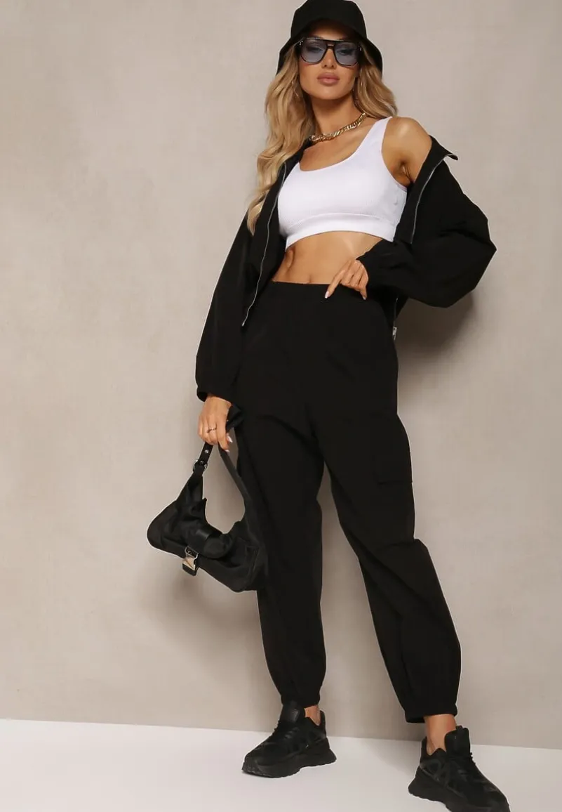 Czarny Komplet Dresowy Spodnie Bojówki z Gumką w Pasie i Bluza na Suwak Zakończona Ściągaczem na Dole Tiazena