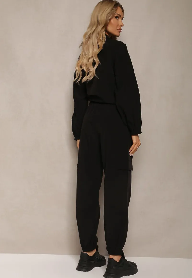 Czarny Komplet Dresowy Spodnie Bojówki z Gumką w Pasie i Bluza na Suwak Zakończona Ściągaczem na Dole Tiazena