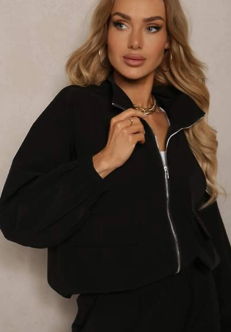 Czarny Komplet Dresowy Spodnie Bojówki z Gumką w Pasie i Bluza na Suwak Zakończona Ściągaczem na Dole Tiazena