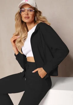 Czarny Komplet Dresowy Spodnie z Gumką w Pasie oraz Bluza z Kapturem na Suwak Starnie