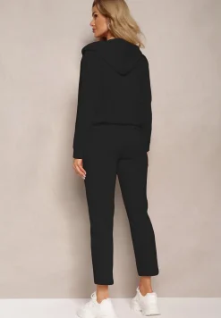 Czarny Komplet Dresowy Spodnie z Gumką w Pasie oraz Bluza z Kapturem na Suwak Starnie