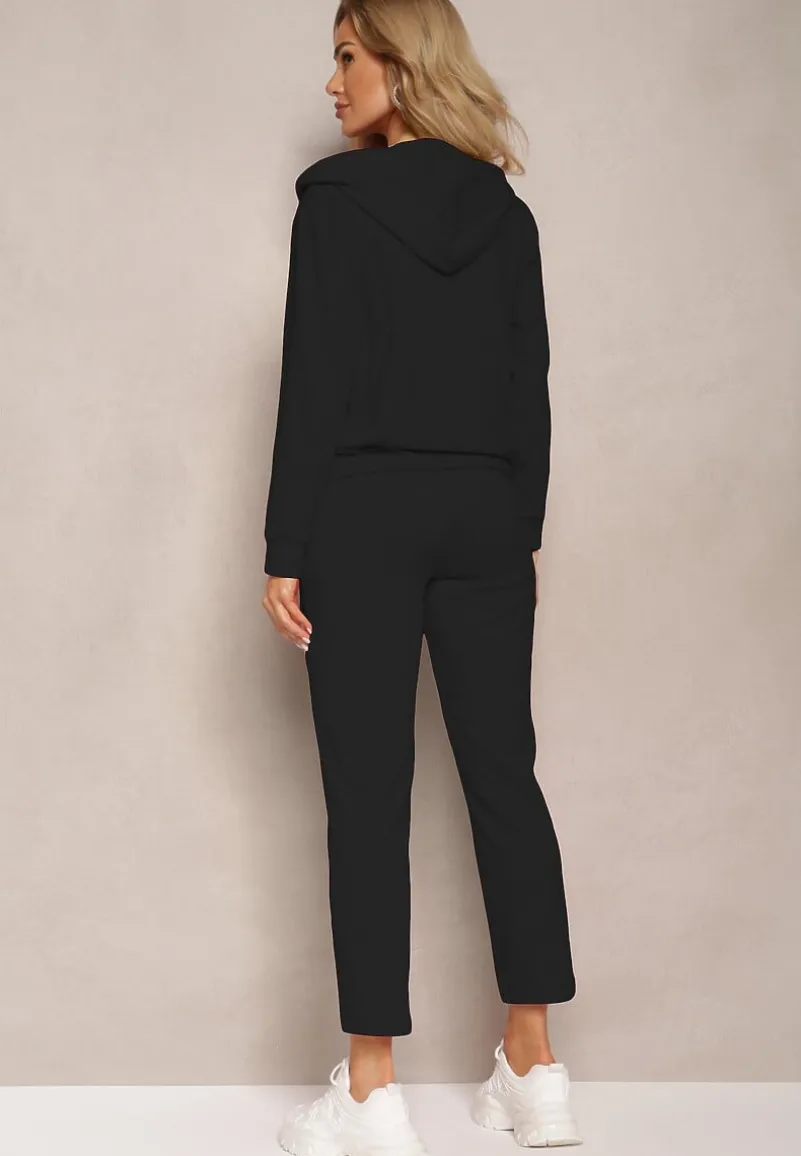 Czarny Komplet Dresowy Spodnie z Gumką w Pasie oraz Bluza z Kapturem na Suwak Starnie