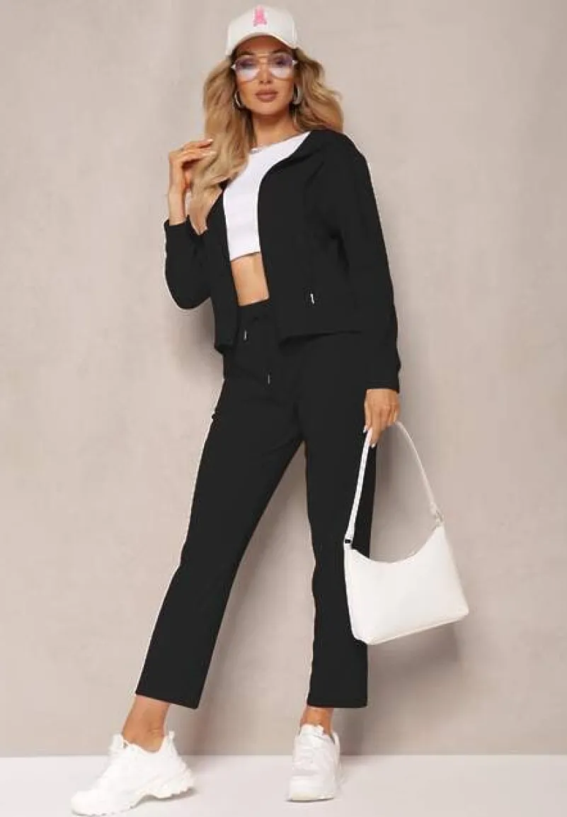 Czarny Komplet Dresowy Spodnie z Gumką w Pasie oraz Bluza z Kapturem na Suwak Starnie