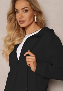 Czarny Komplet Dresowy Spodnie z Gumką w Pasie oraz Bluza z Kapturem na Suwak Starnie