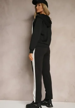 Czarny Komplet Dresowy Spodnie Ozdobione Napisami Bluza na Suwak z Kapturem Semiraella