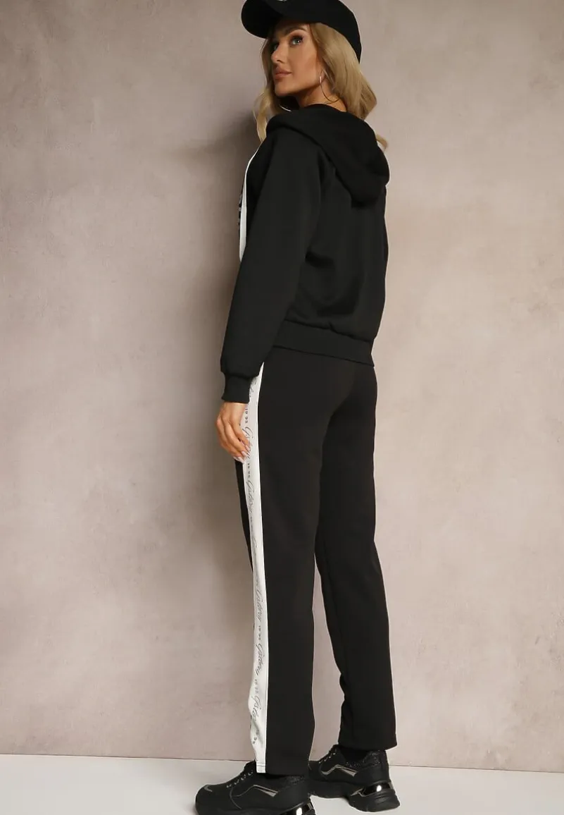 Czarny Komplet Dresowy Spodnie Ozdobione Napisami Bluza na Suwak z Kapturem Semiraella