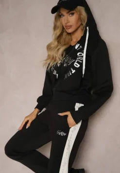 Czarny Komplet Dresowy Spodnie Ozdobione Napisami Bluza na Suwak z Kapturem Semiraella