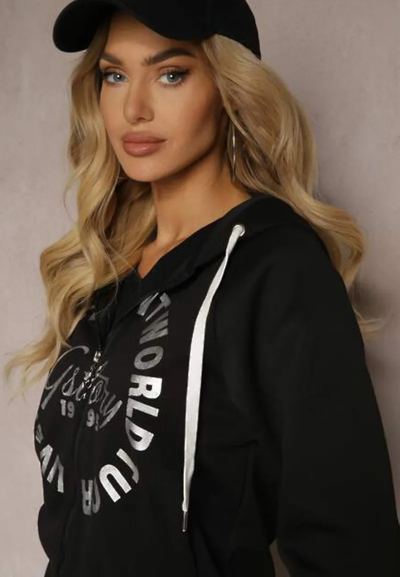 Czarny Komplet Dresowy Spodnie Ozdobione Napisami Bluza na Suwak z Kapturem Semiraella