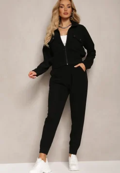 Czarny Komplet Dresowy w Prążki Bluza Kurtka Rozpinana z Kołnierzykiem i Spodnie Lisulla