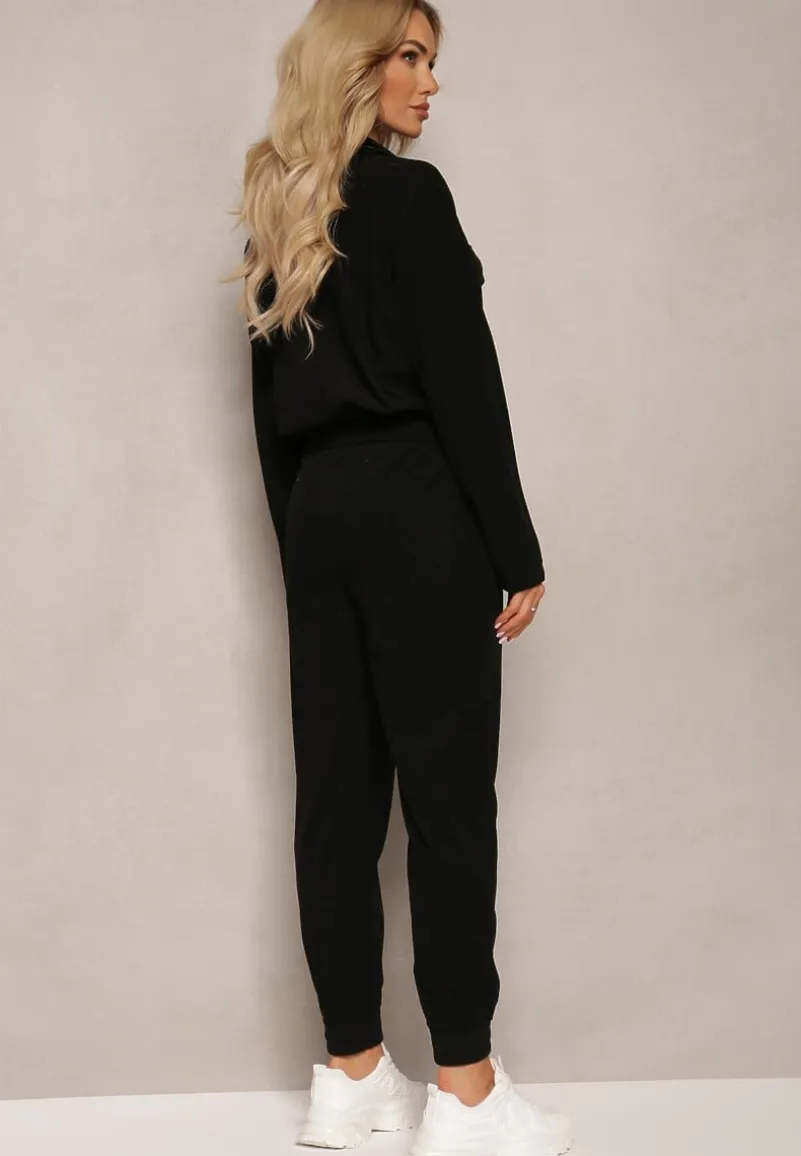 Czarny Komplet Dresowy w Prążki Bluza Kurtka Rozpinana z Kołnierzykiem i Spodnie Lisulla