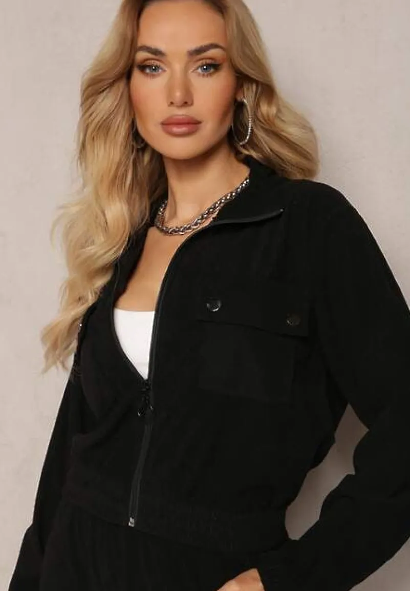 Czarny Komplet Dresowy w Prążki Bluza Kurtka Rozpinana z Kołnierzykiem i Spodnie Lisulla