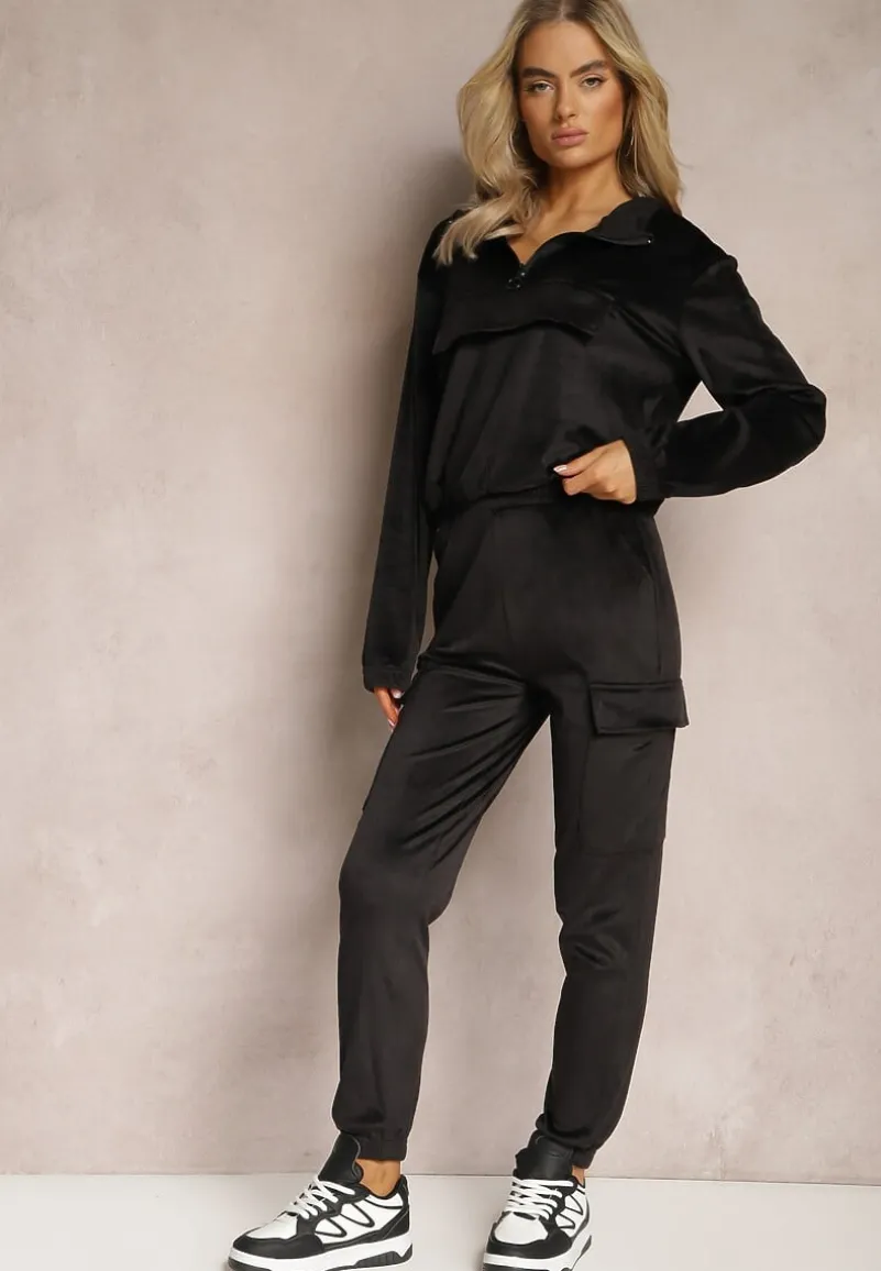 Czarny Komplet Dresowy Welurowy z Kieszeniami z Klapami Bluza i Spodnie Amarillis