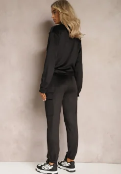 Czarny Komplet Dresowy Welurowy z Kieszeniami z Klapami Bluza i Spodnie Amarillis