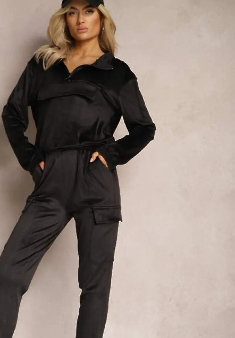 Czarny Komplet Dresowy Welurowy z Kieszeniami z Klapami Bluza i Spodnie Amarillis