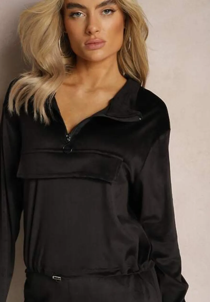 Czarny Komplet Dresowy Welurowy z Kieszeniami z Klapami Bluza i Spodnie Amarillis