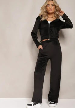 Czarny Komplet Dresowy z Welurowej Dzianiny Szerokie Spodnie i Krótka Bluza Avilti