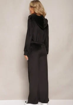 Czarny Komplet Dresowy z Welurowej Dzianiny Szerokie Spodnie i Krótka Bluza Avilti