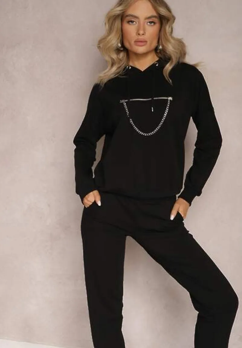 Czarny Komplet Dresowy z Bawełny z Lampasami i Ściągaczami Senique