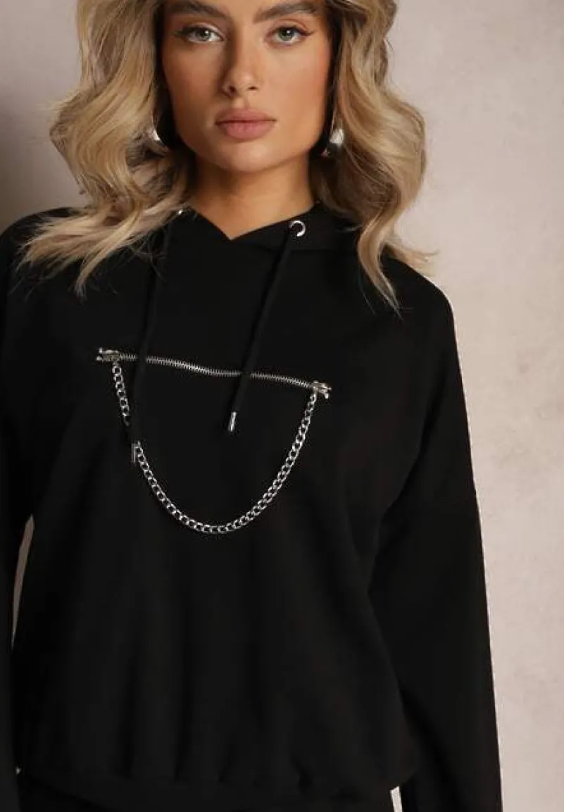 Czarny Komplet Dresowy z Bawełny z Lampasami i Ściągaczami Senique