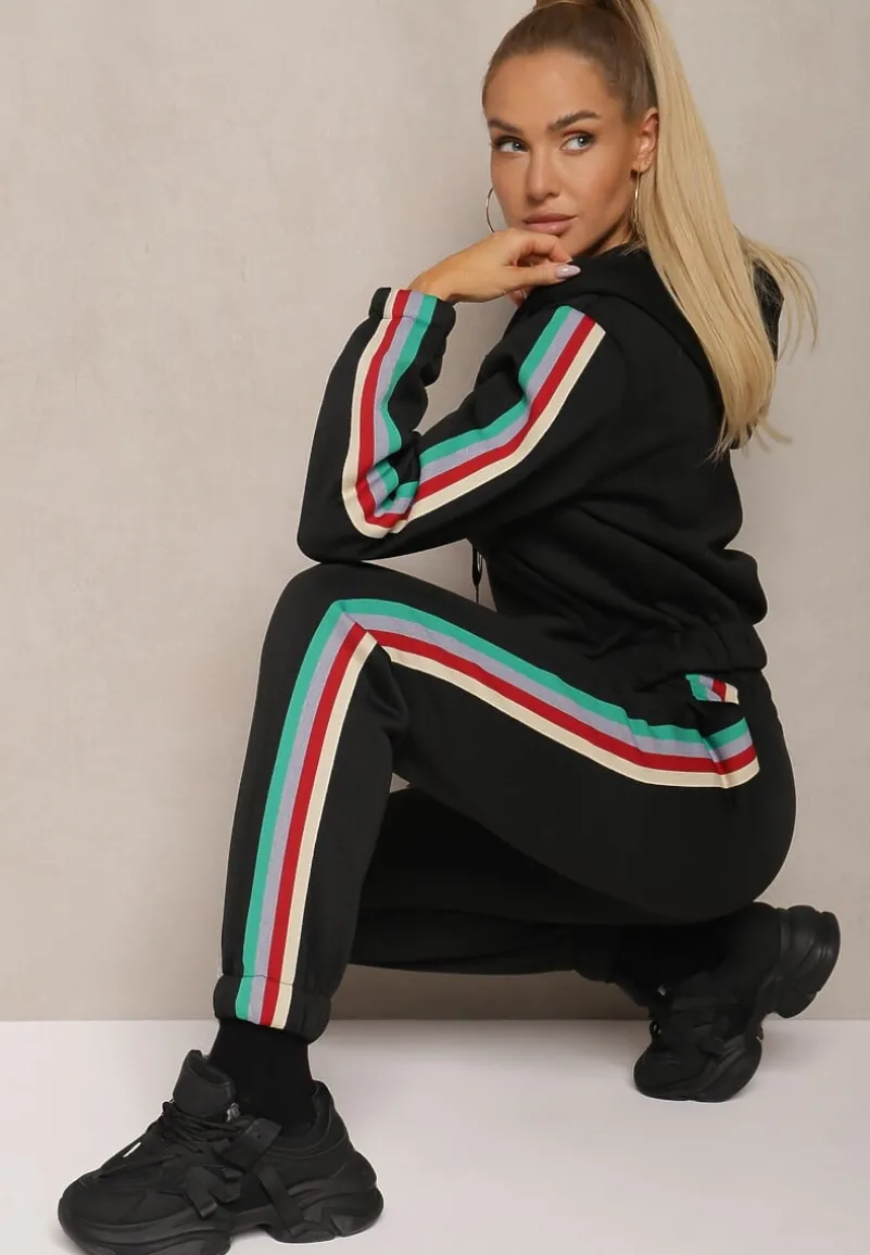 Czarny Komplet Dresowy z Kolorowym Lampasem Bluza z Kapturem i Spodnie Joggery Nevarielles