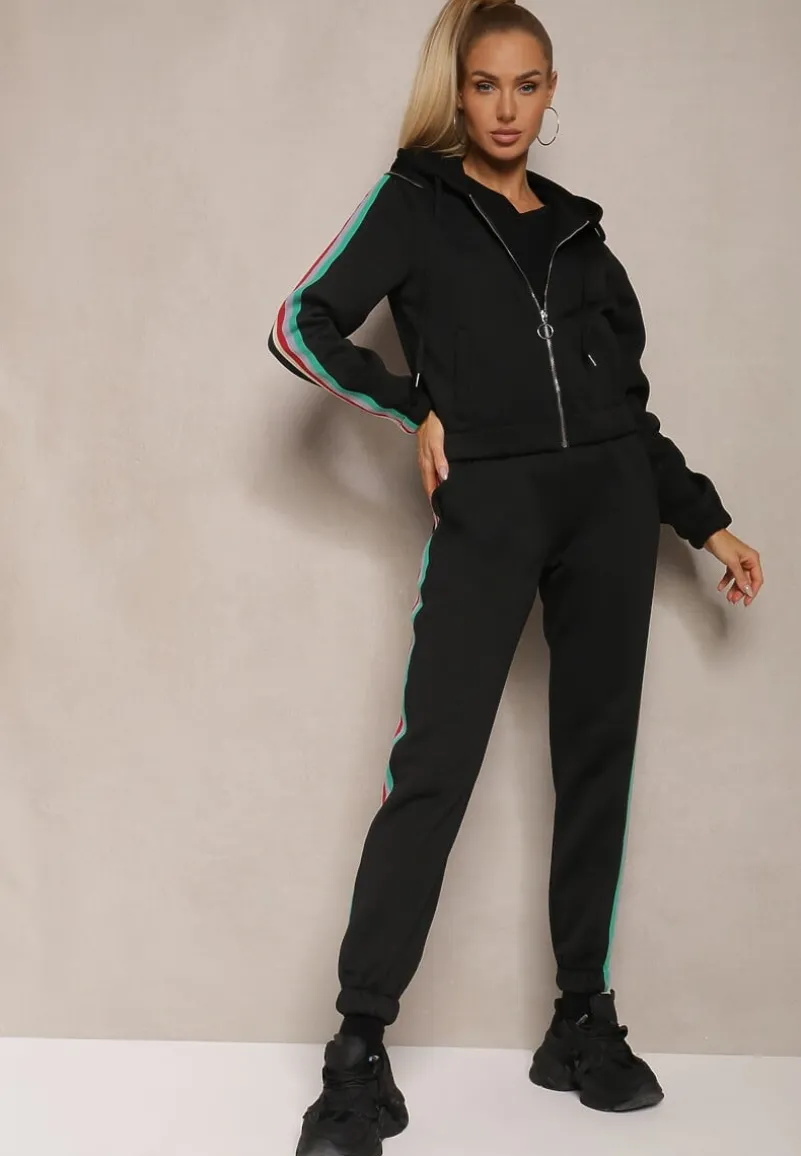 Czarny Komplet Dresowy z Kolorowym Lampasem Bluza z Kapturem i Spodnie Joggery Nevarielles