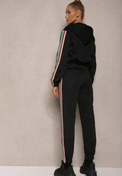 Czarny Komplet Dresowy z Kolorowym Lampasem Bluza z Kapturem i Spodnie Joggery Nevarielles
