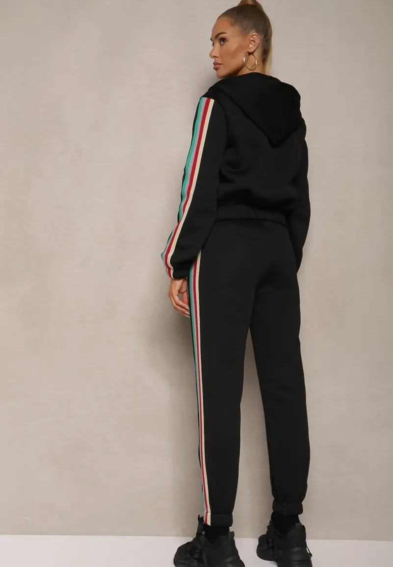 Czarny Komplet Dresowy z Kolorowym Lampasem Bluza z Kapturem i Spodnie Joggery Nevarielles