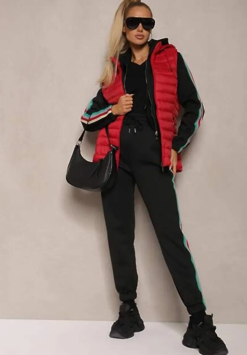 Czarny Komplet Dresowy z Kolorowym Lampasem Bluza z Kapturem i Spodnie Joggery Nevarielles