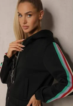 Czarny Komplet Dresowy z Kolorowym Lampasem Bluza z Kapturem i Spodnie Joggery Nevarielles