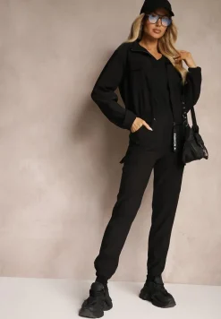 Czarny Komplet Dresowy z Bluzą ze Stójką i Spodniami Typu Jogger Ozdobiony Kieszeniami Riadara