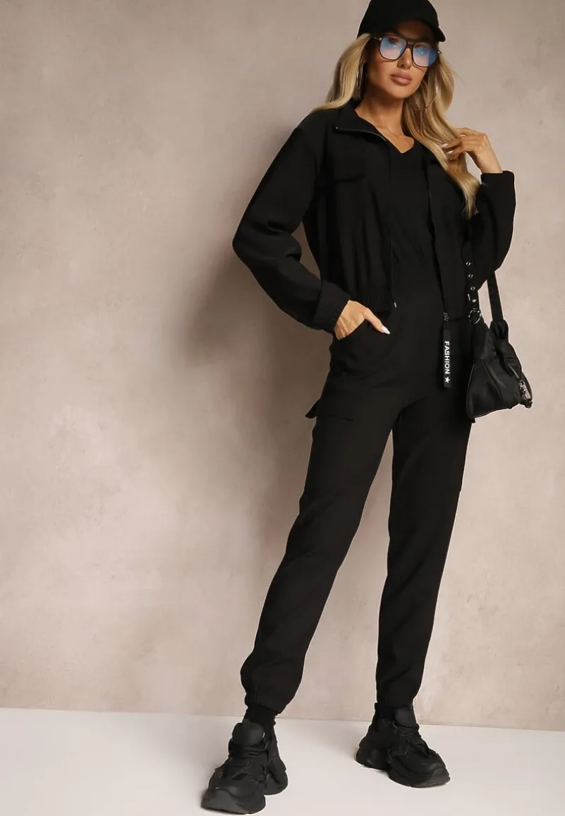 Czarny Komplet Dresowy z Bluzą ze Stójką i Spodniami Typu Jogger Ozdobiony Kieszeniami Riadara
