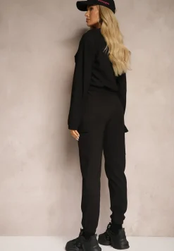 Czarny Komplet Dresowy z Bluzą ze Stójką i Spodniami Typu Jogger Ozdobiony Kieszeniami Riadara