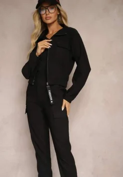 Czarny Komplet Dresowy z Bluzą ze Stójką i Spodniami Typu Jogger Ozdobiony Kieszeniami Riadara