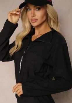 Czarny Komplet Dresowy z Bluzą ze Stójką i Spodniami Typu Jogger Ozdobiony Kieszeniami Riadara