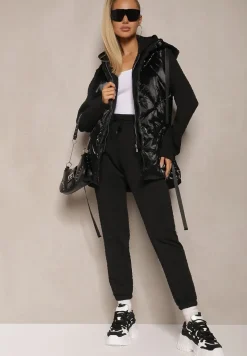 Czarny Komplet Dresowy z Domieszką Bawełny Pikowana Bluza z Kapturem i Joggery Evathira