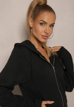 Czarny Komplet Dresowy z Domieszką Bawełny Pikowana Bluza z Kapturem i Joggery Evathira