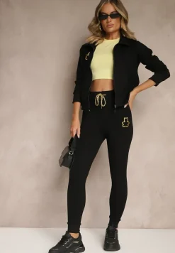 Czarny Komplet Dresowy z Bawełny Bluza ze Stójką i Suwakiem i Spodnie z Gumką w Pasie Nelaswen