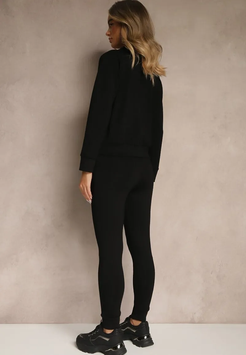 Czarny Komplet Dresowy z Bawełny Bluza ze Stójką i Suwakiem i Spodnie z Gumką w Pasie Nelaswen