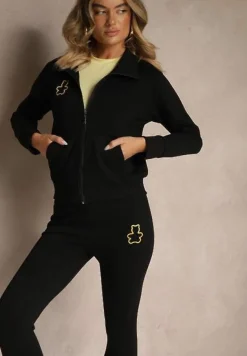 Czarny Komplet Dresowy z Bawełny Bluza ze Stójką i Suwakiem i Spodnie z Gumką w Pasie Nelaswen