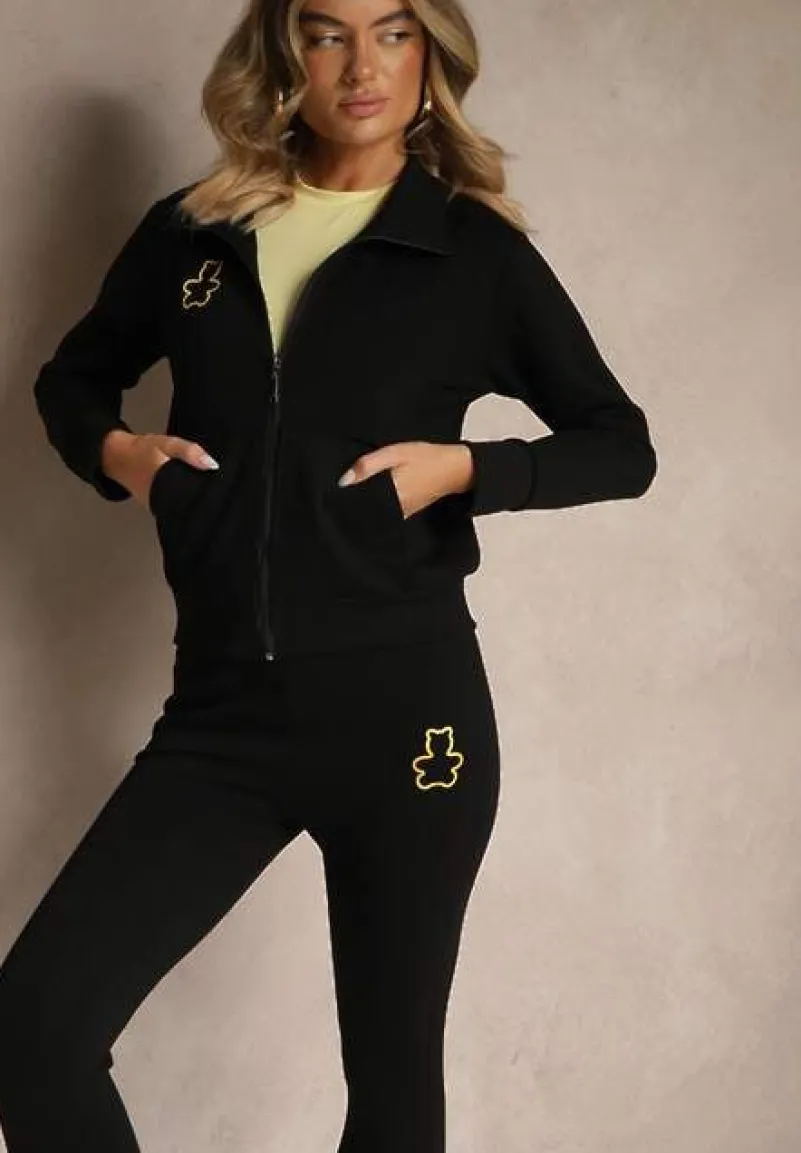 Czarny Komplet Dresowy z Bawełny Bluza ze Stójką i Suwakiem i Spodnie z Gumką w Pasie Nelaswen